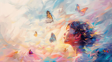 Prismatic style surreal oil painting of a girl with swirling fauvism hues and butterflies.