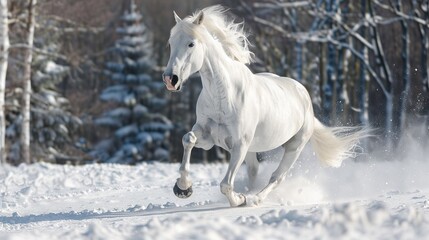 A white horse is running through a snowy forest. The horse is galloping with its mane and tail flowing in the wind. The trees in the forest are bare, and the snow is thick on the ground. The horse is 
