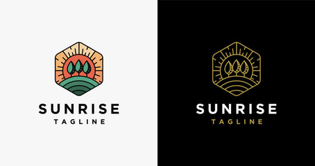 Sunrise outdoor landscape logo vector template on black background