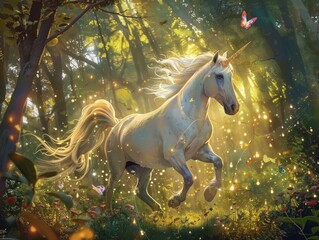 A unicorn is running through a forest with butterflies