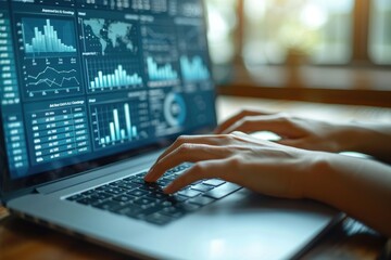 Close-up of a marketers hands typing on a laptop, crafting a compelling content strategy, with pop-up windows of analytics and keywords