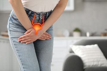 Woman suffering from cystitis at home, closeup. Illustration of urinary system