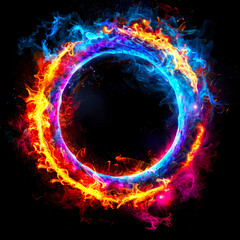 Fire blazing double ring engulfed in multi-colored fire and colored plasma. A fantastic illustration of magic portal, frame, on a black background