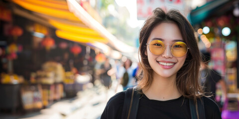 Portrait of young Asian woman wearing yellow sunglasses and walking in the city street