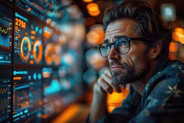 Portrait of a content marketer at work, surrounded by screens displaying various metrics and performance indicators
