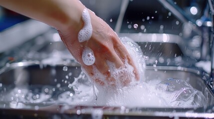 A close-up of a food handler washing their hands, emphasizing the importance of proper handwashing in food safety.