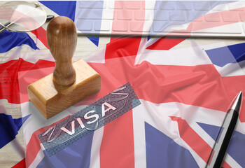 Visa to United Kingdom. Multiple exposure with flag of Great Britain and stamp