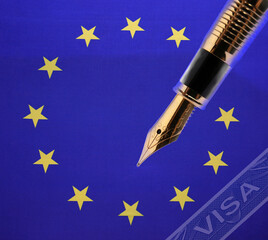 Visa to European Union. Multiple exposure with EU flag and fountain pen, closeup