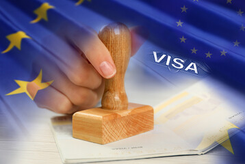 Multiple exposure of woman stamping visa page in passport and flag of European Union, closeup