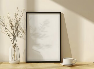 White poster mockup template with black frame on light wooden table near olive branches in a vase and coffee cup against a beige wall background