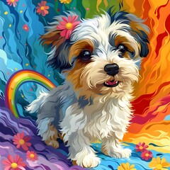 Enchanting Flower Dog Frolicking Amidst a Vibrant Rainbow Hued Backdrop in a Creative Haven Style