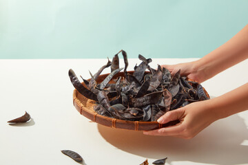 Front view photo with a rattan tray has many black locust pods on, lifted by beautiful hand on white table over light blue background. Blank space for adding text and elements of design