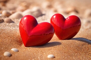 Red hearts together on the beach, showing holiday summer romance