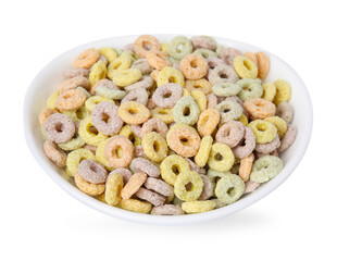 Tasty cereal rings in bowl isolated on white
