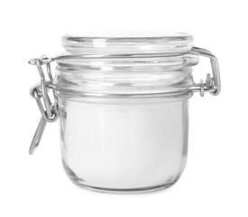 Baking powder in glass jar isolated on white