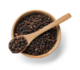 Aromatic spice. Many black peppercorns in bowl and spoon isolated on white, top view