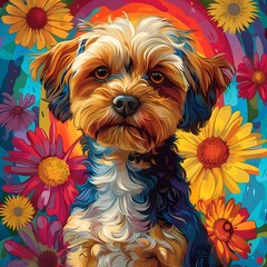 Vibrant and Playful Kawaii Flower Dog Adorned with a Radiant Rainbow on a Colorful Mural Backdrop