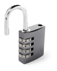 Unlocked steel combination padlock isolated on white