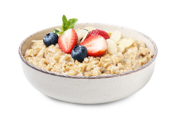 Tasty oatmeal with strawberries, blueberries and almond flakes in bowl isolated on white