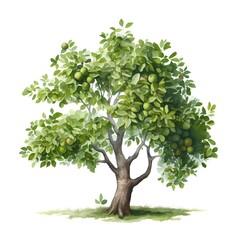 Watercolor green apple tree isolated on white background. Hand drawn illustration.