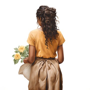 Back view of young woman with bouquet of yellow chrysanthemums