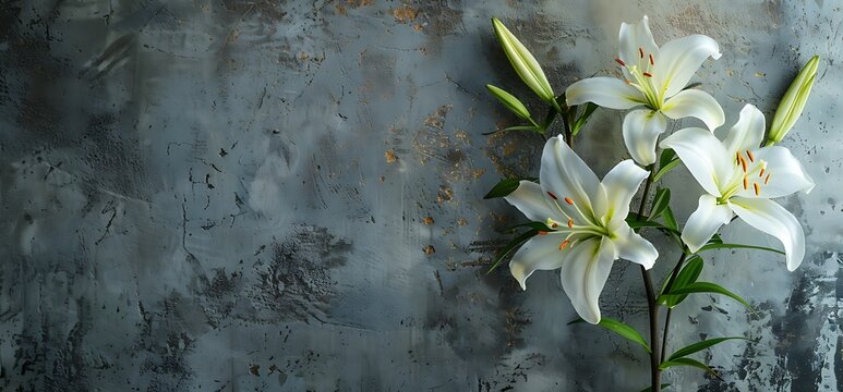 A white lily placed against the dull texture of an old concrete wall. accented by hints of gold elements. evokes a scene.