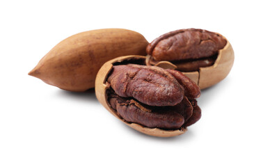 Three tasty pecan nuts isolated on white