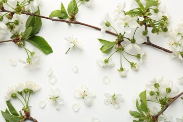 Spring tree branches with beautiful blossoms and petals on white background, flat lay