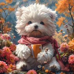 Kawaii Flower Dog Enjoying a Cozy Coffee Break in a Vibrant Haven - obrazy, fototapety, plakaty