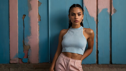 Naklejka premium A young Latina with braids in her hair and a light blue crop top