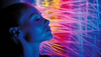 Side portrait of a serene woman with closed eyes surrounded by dynamic, colorful neon light fibers.
