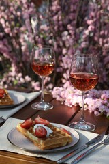 Delicious Belgian waffles with fresh strawberries and wine served on table in garden