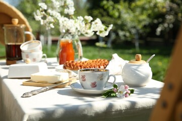 Beautiful table setting in spring garden on sunny day