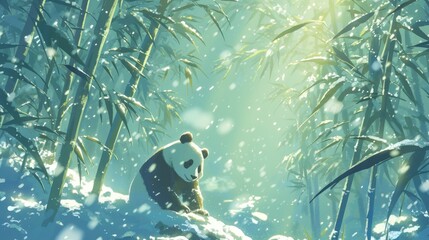 Naklejka premium A scene of a panda surrounded by snow against a backdrop of bamboo