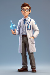 A cartoon doctor holding a bottle of medicine