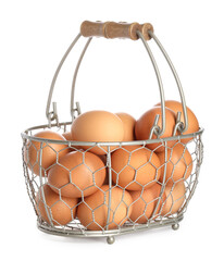 Chicken eggs in metal basket isolated on white