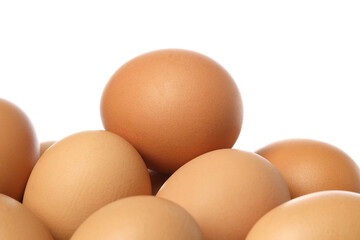 Many brown chicken eggs isolated on white