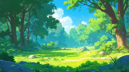 Fototapeta na wymiar A vibrant summer scene unfolds before us showcasing a lush forest with towering trees and verdant grass carpeting a sunlit clearing This lively 2d cartoon captures the essence of a tranquil 