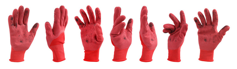 Dirty gardening glove isolated on white, set