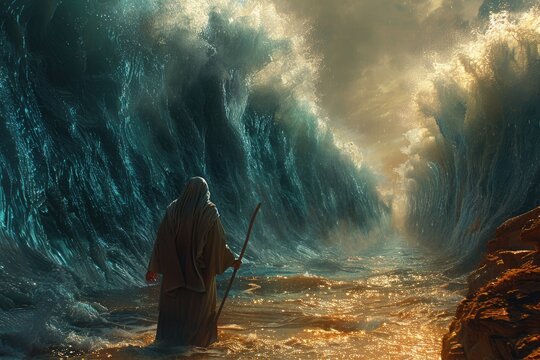 Portrait of the biblical back view of Moses dividing the sea with his stick: a depiction of divine power and liberation, with towering walls of water parting to reveal a path of destiny.