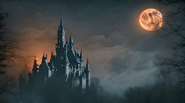 Scary Halloween castle under a full moon in the dark night