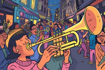 Cartoon cute doodles of a cheerful trumpet blasting joyful tunes in a bustling street performance, Generative AI