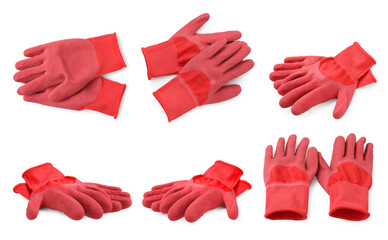 Red gardening gloves isolated on white, views from different angles