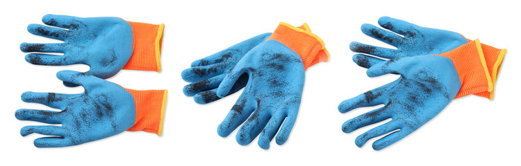 Dirty gardening gloves isolated on white, views from different angles