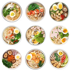 Set with bowls of delicious ramen with different ingredients isolated on white, top view. Noodle soup