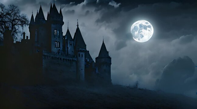 Scary Halloween castle under a full moon in the dark night