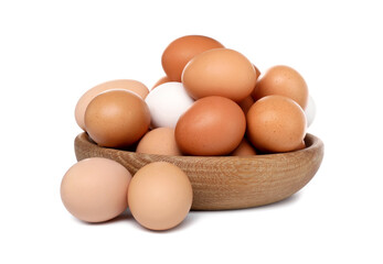 Fresh chicken eggs in bowl isolated on white