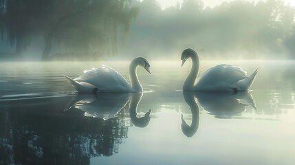 A pair of swans gliding gracefully across a tranquil lake, their reflections mirrored in the still water - obrazy, fototapety, plakaty