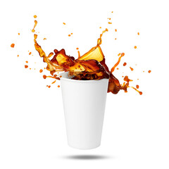 Aromatic coffee in takeaway paper cup in air on white background