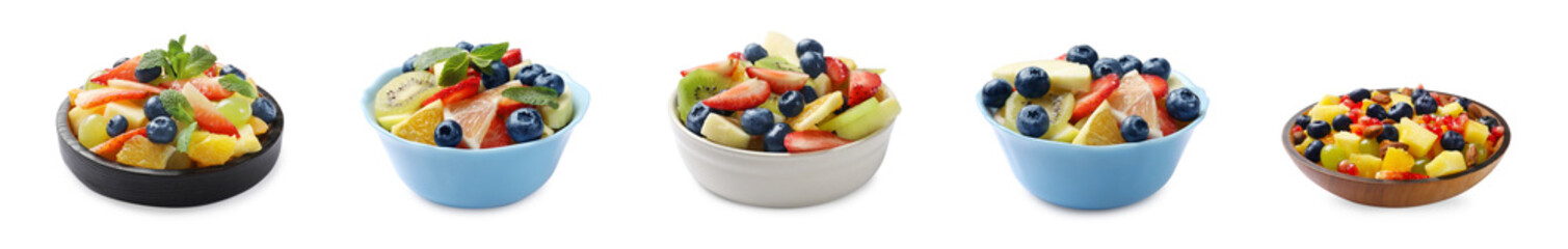 Delicious fruit salads in bowls isolated on white, set